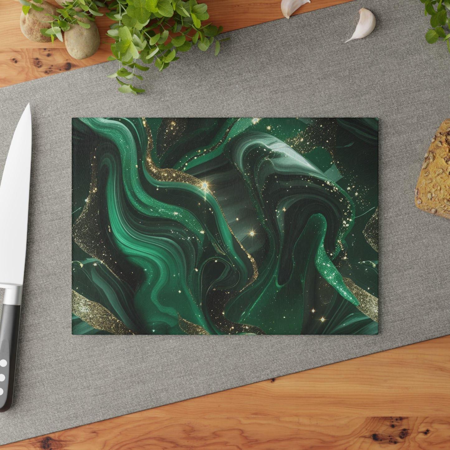 Emerald Marble Glass Cutting Board – Green & Gold Kitchen Decor for Cooking and Serving