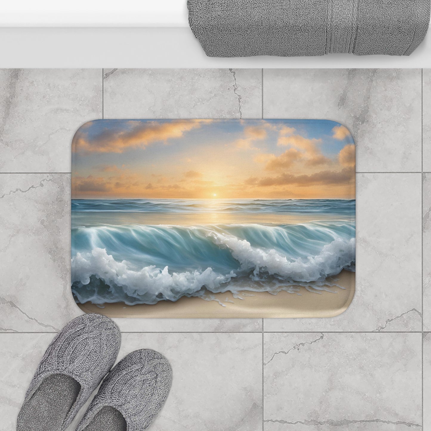 Beach Sunset Bath Mat – Coastal Ocean Wave Bathroom Decor | Coastal Bathroom Rug