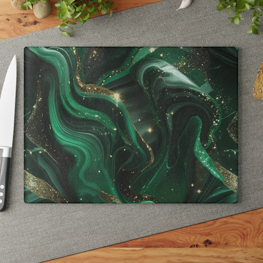Emerald Marble Glass Cutting Board – Green & Gold Kitchen Decor for Cooking and Serving