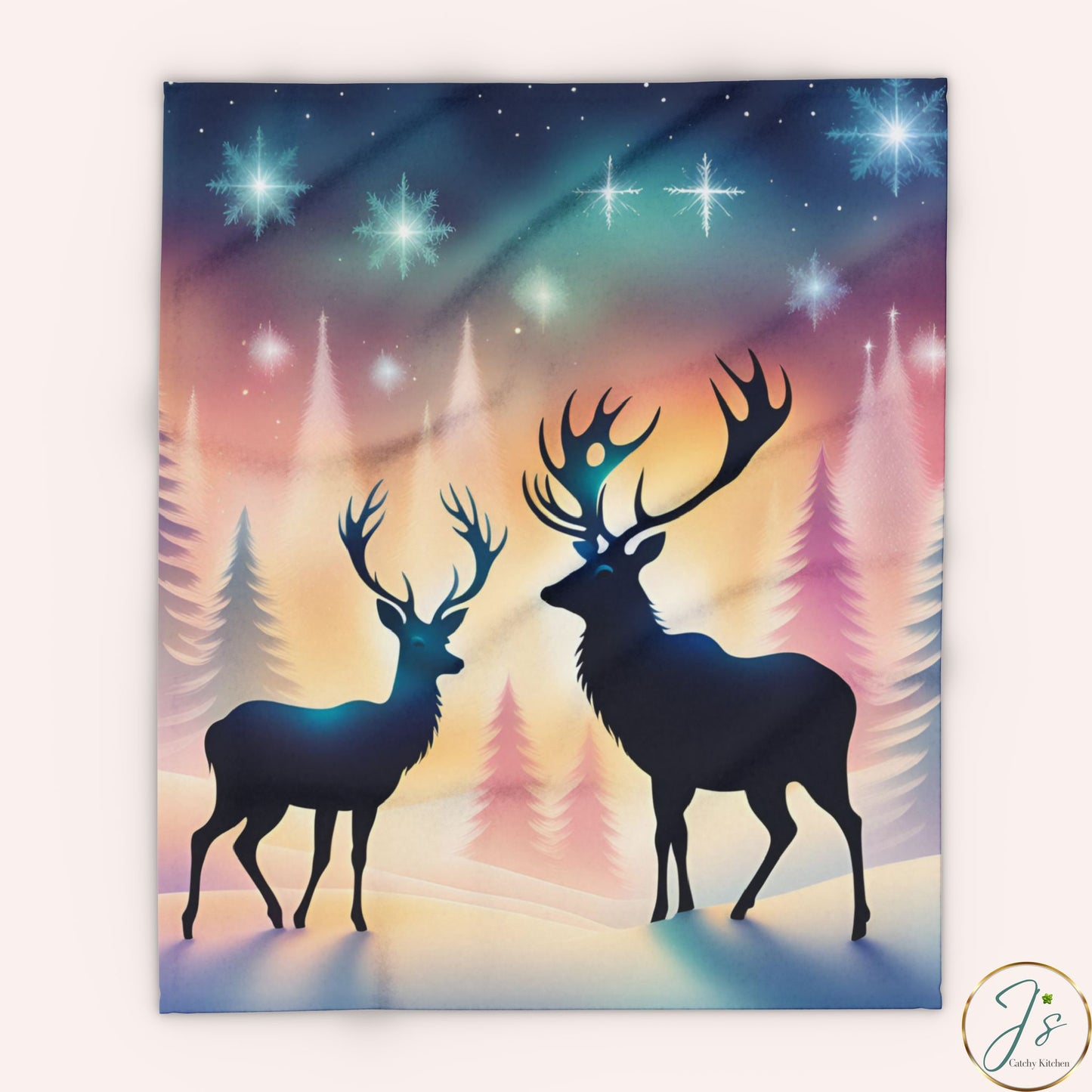 Winter Reindeer Arctic Fleece Blanket • Northern Lights Deer Silhouette • Cozy Christmas Throw Gift
