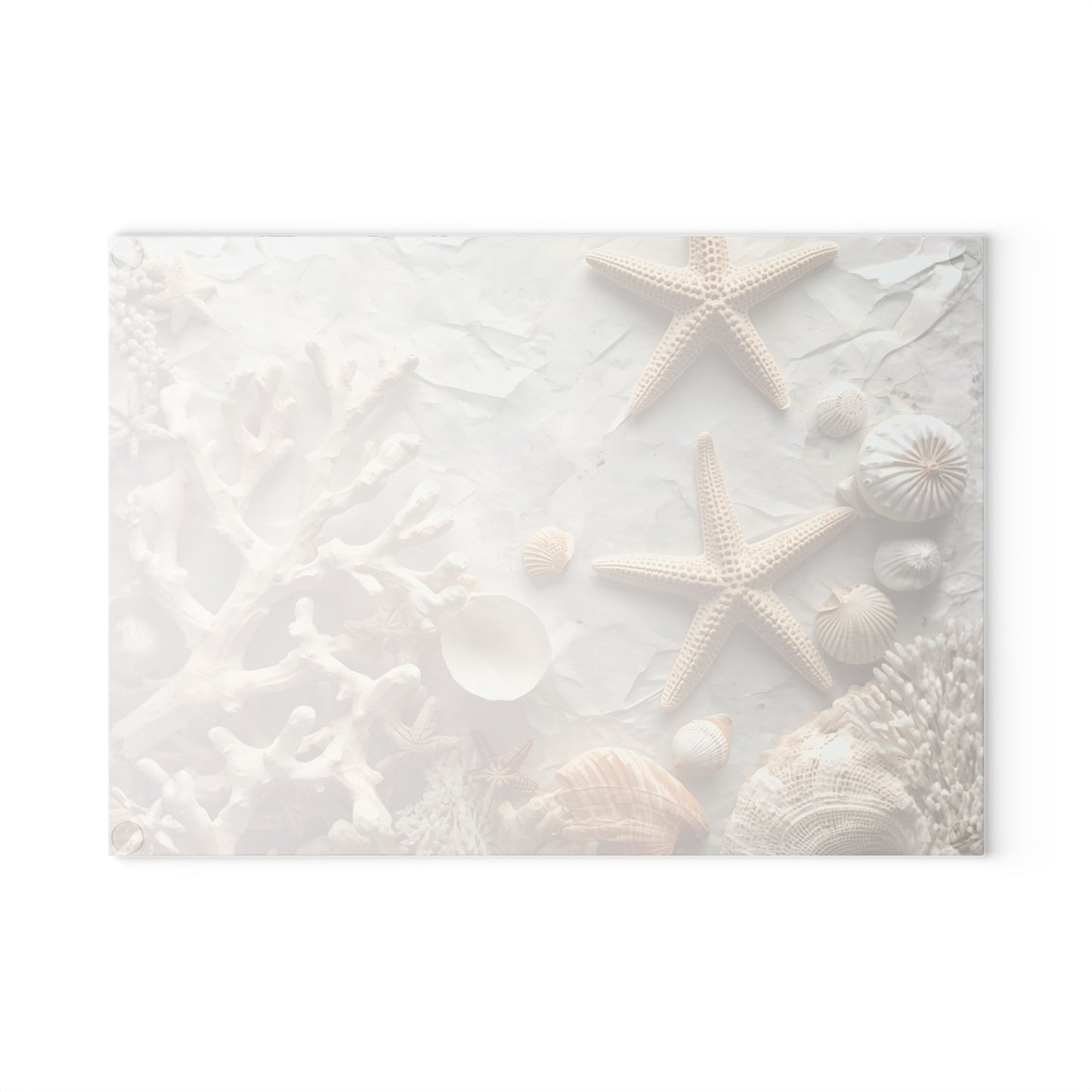 Coastal Seashell Glass Cutting Board Neutral Beach Kitchen Accent with Starfish for Countertop Decor and Serving