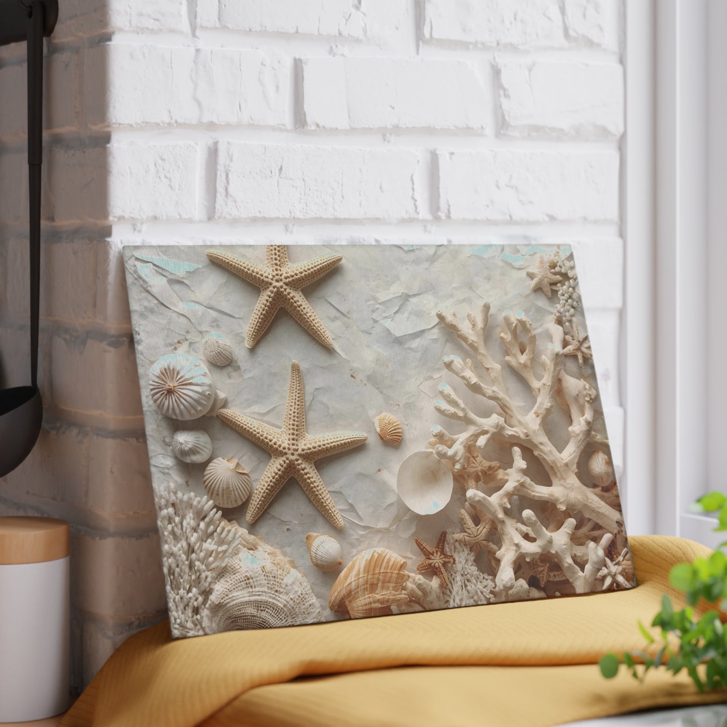 Coastal Seashell Glass Cutting Board Neutral Beach Kitchen Accent with Starfish for Countertop Decor and Serving