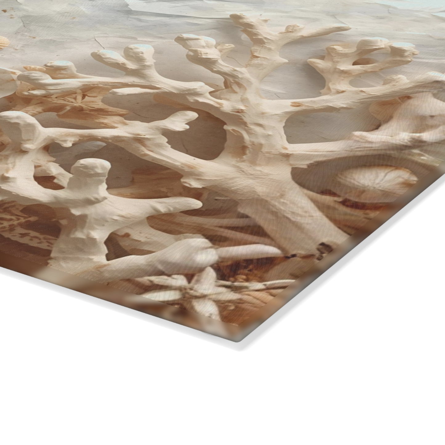 Coastal Seashell Glass Cutting Board Neutral Beach Kitchen Accent with Starfish for Countertop Decor and Serving