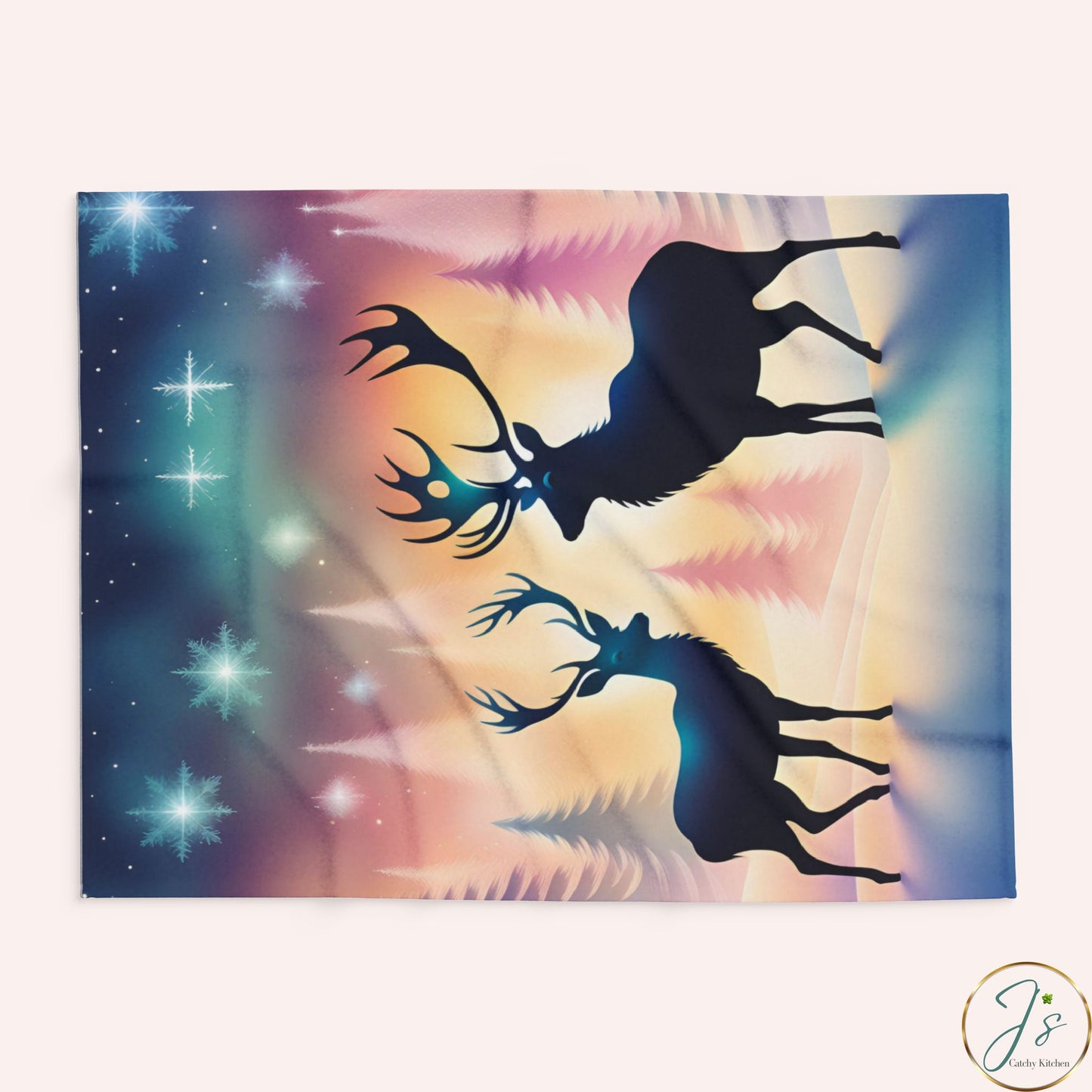 Winter Reindeer Arctic Fleece Blanket • Northern Lights Deer Silhouette • Cozy Christmas Throw Gift