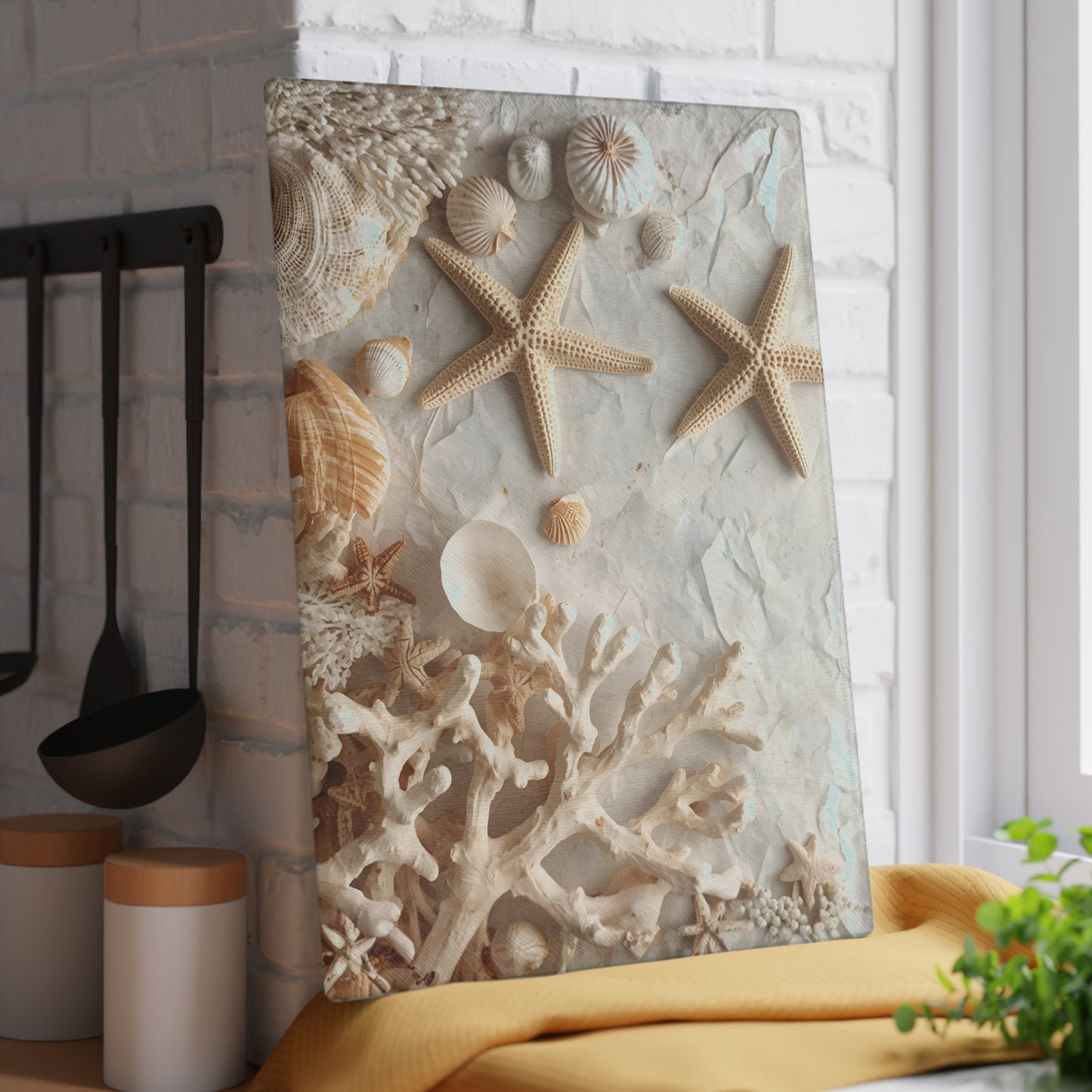 Coastal Seashell Glass Cutting Board Neutral Beach Kitchen Accent with Starfish for Countertop Decor and Serving