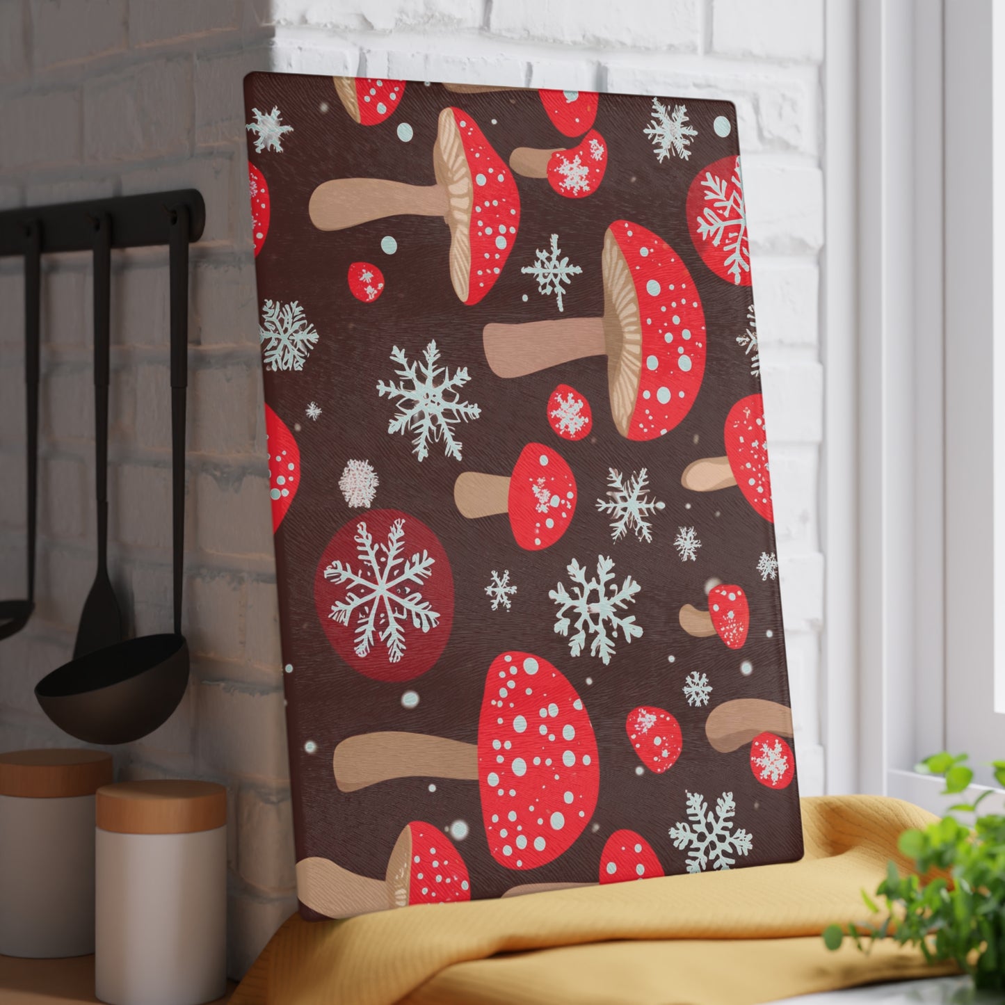 Festive Red Mushroom Christmas Glass Cutting Board – Brown Holiday Kitchen Decor With Snowflakes