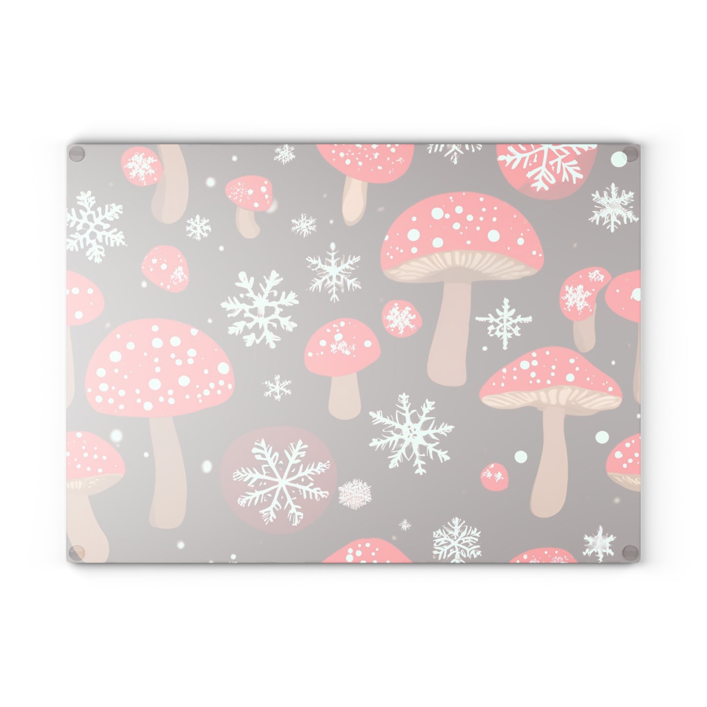 Festive Red Mushroom Christmas Glass Cutting Board – Brown Holiday Kitchen Decor With Snowflakes