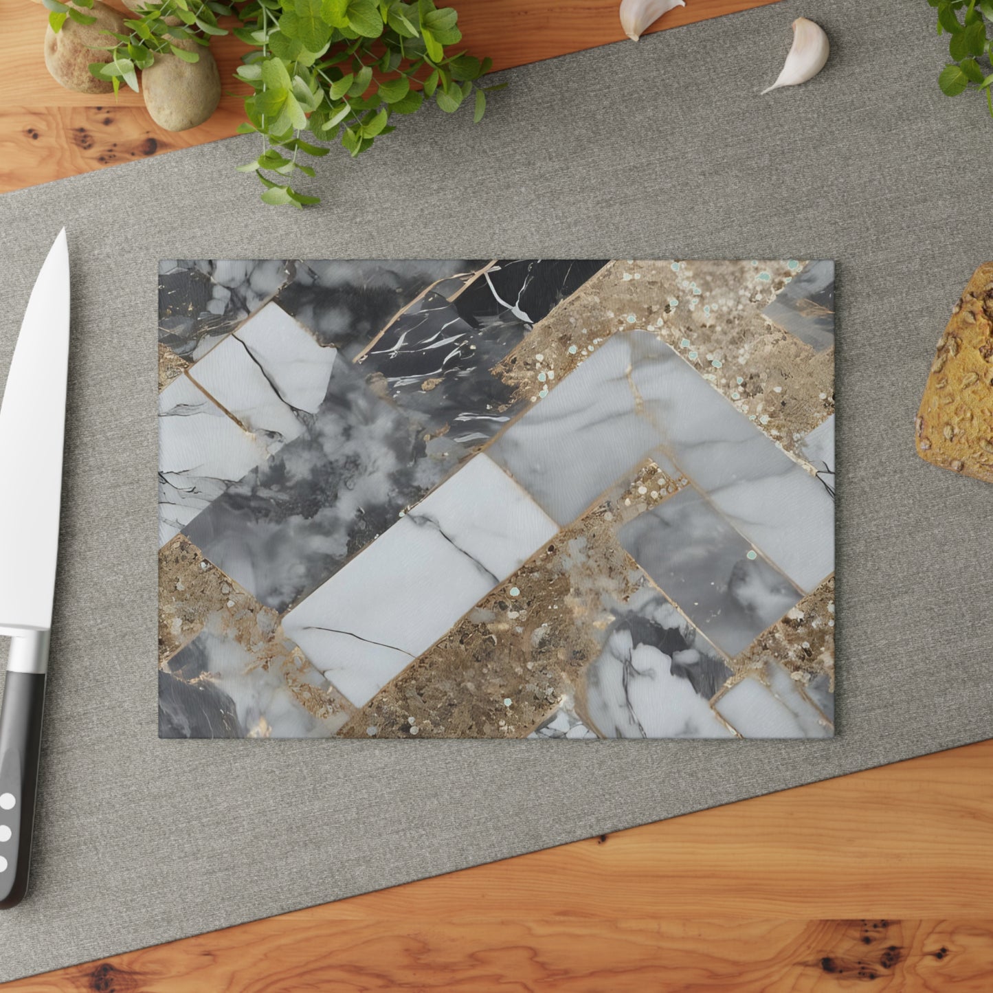 Luxury Marble & Gold Herringbone Glass Cutting Board – Modern Kitchen Decor & Gift