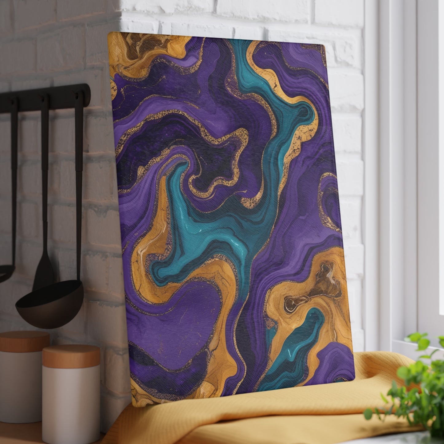Purple Teal Gold Marble Glass Cutting Board Modern Abstract Kitchen Decor Gift