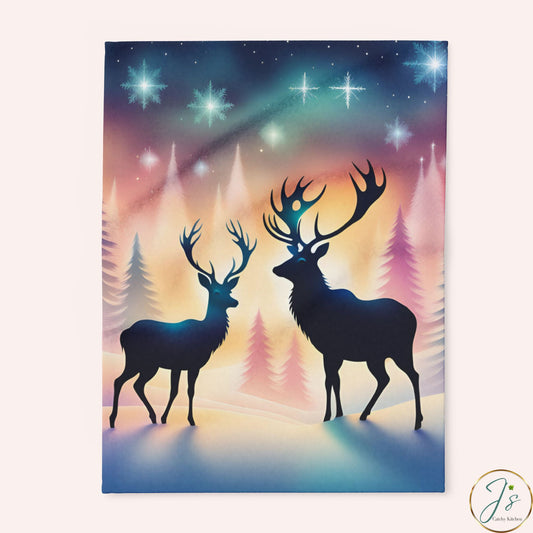 Winter Reindeer Arctic Fleece Blanket • Northern Lights Deer Silhouette • Cozy Christmas Throw Gift