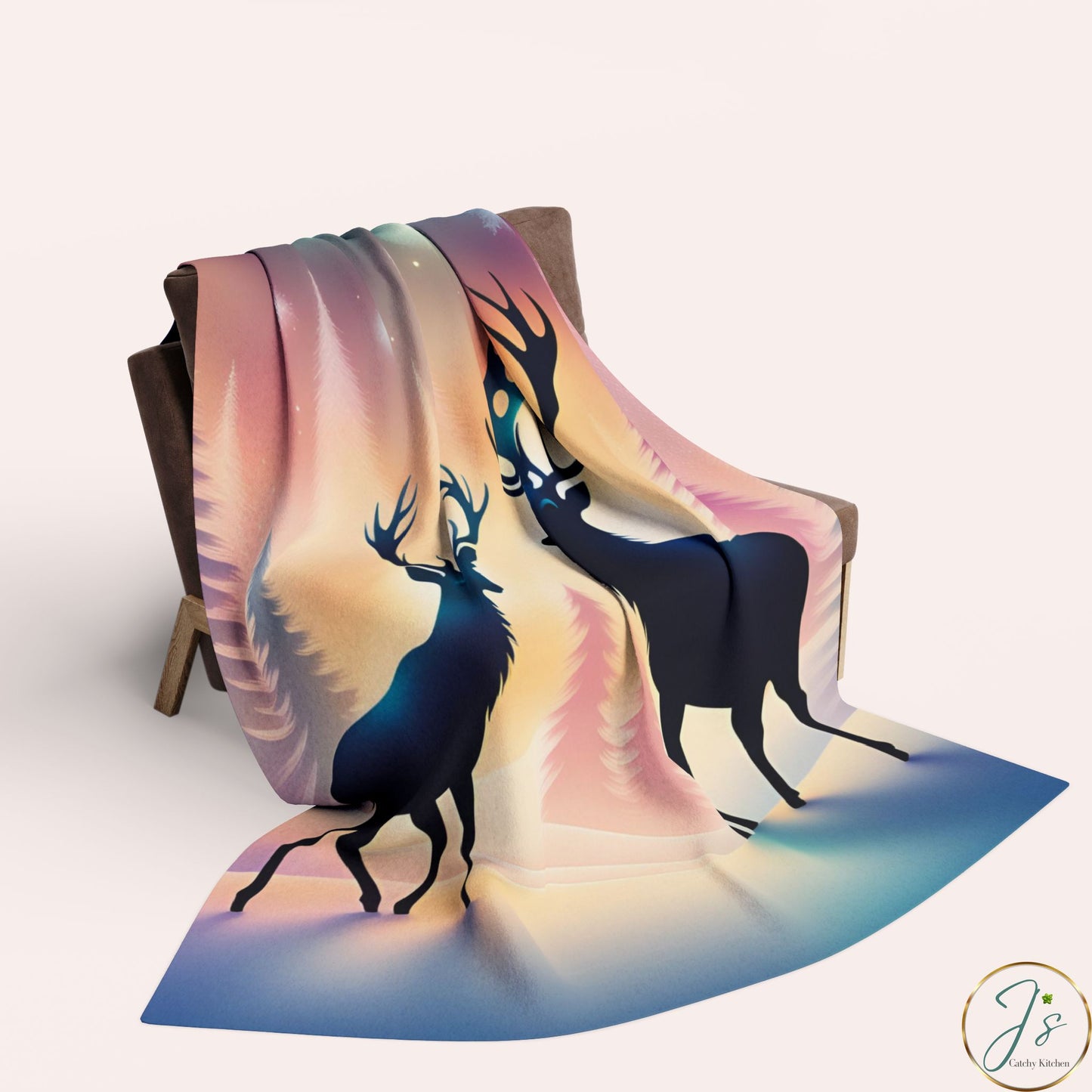 Winter Reindeer Arctic Fleece Blanket • Northern Lights Deer Silhouette • Cozy Christmas Throw Gift