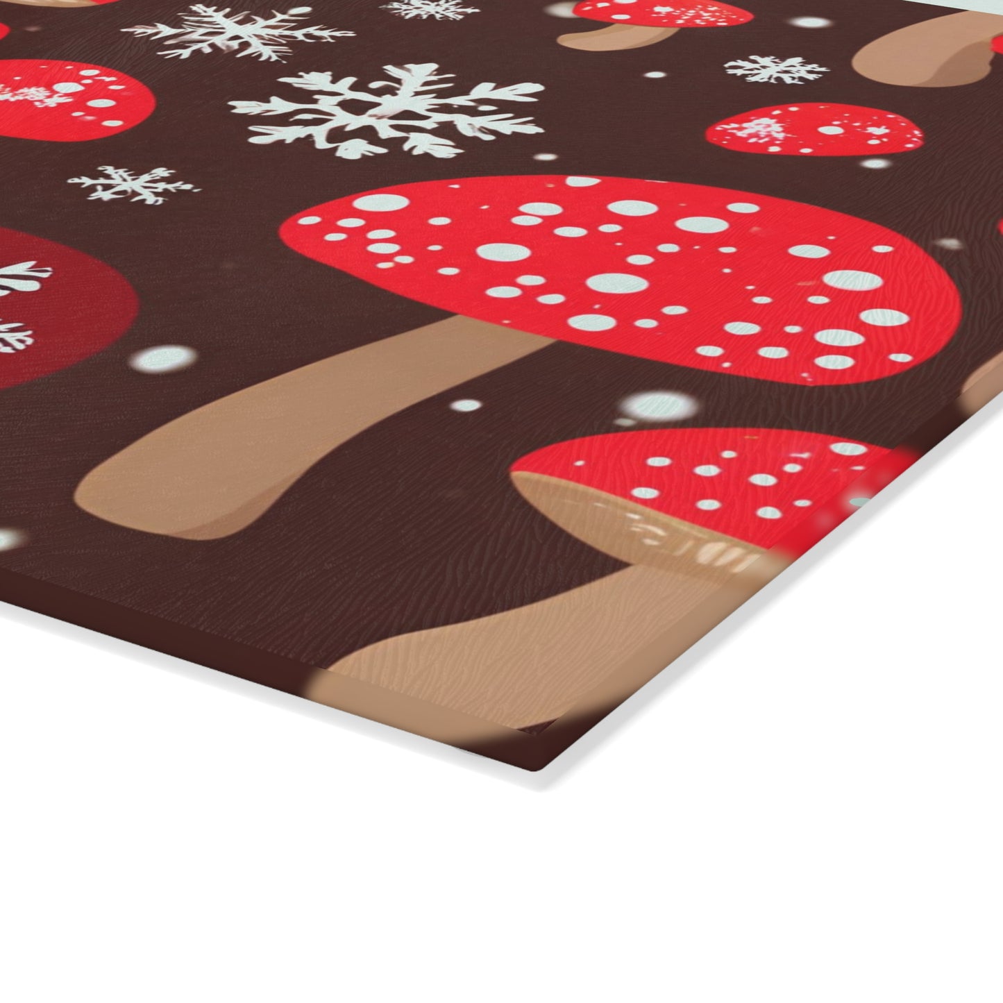Festive Red Mushroom Christmas Glass Cutting Board – Brown Holiday Kitchen Decor With Snowflakes