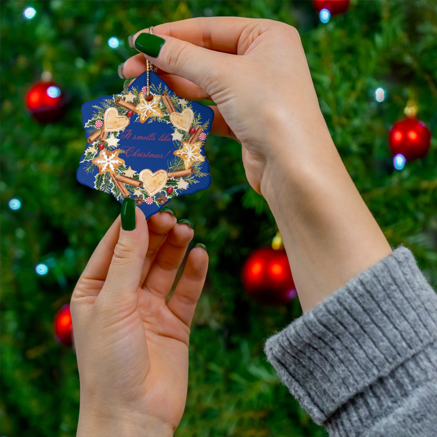 "It Smells like Christmas" Ceramic Ornament, 4 Shapes available (Royal)