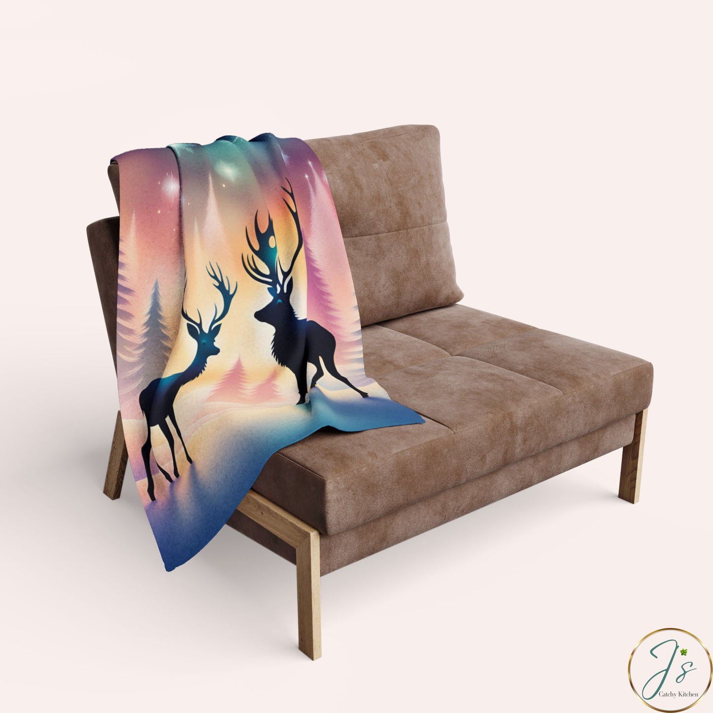 Winter Reindeer Arctic Fleece Blanket • Northern Lights Deer Silhouette • Cozy Christmas Throw Gift