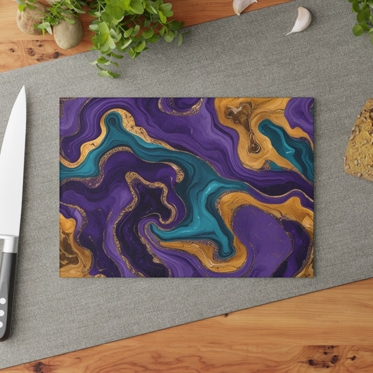 Purple Teal Gold Marble Glass Cutting Board Modern Abstract Kitchen Decor Gift