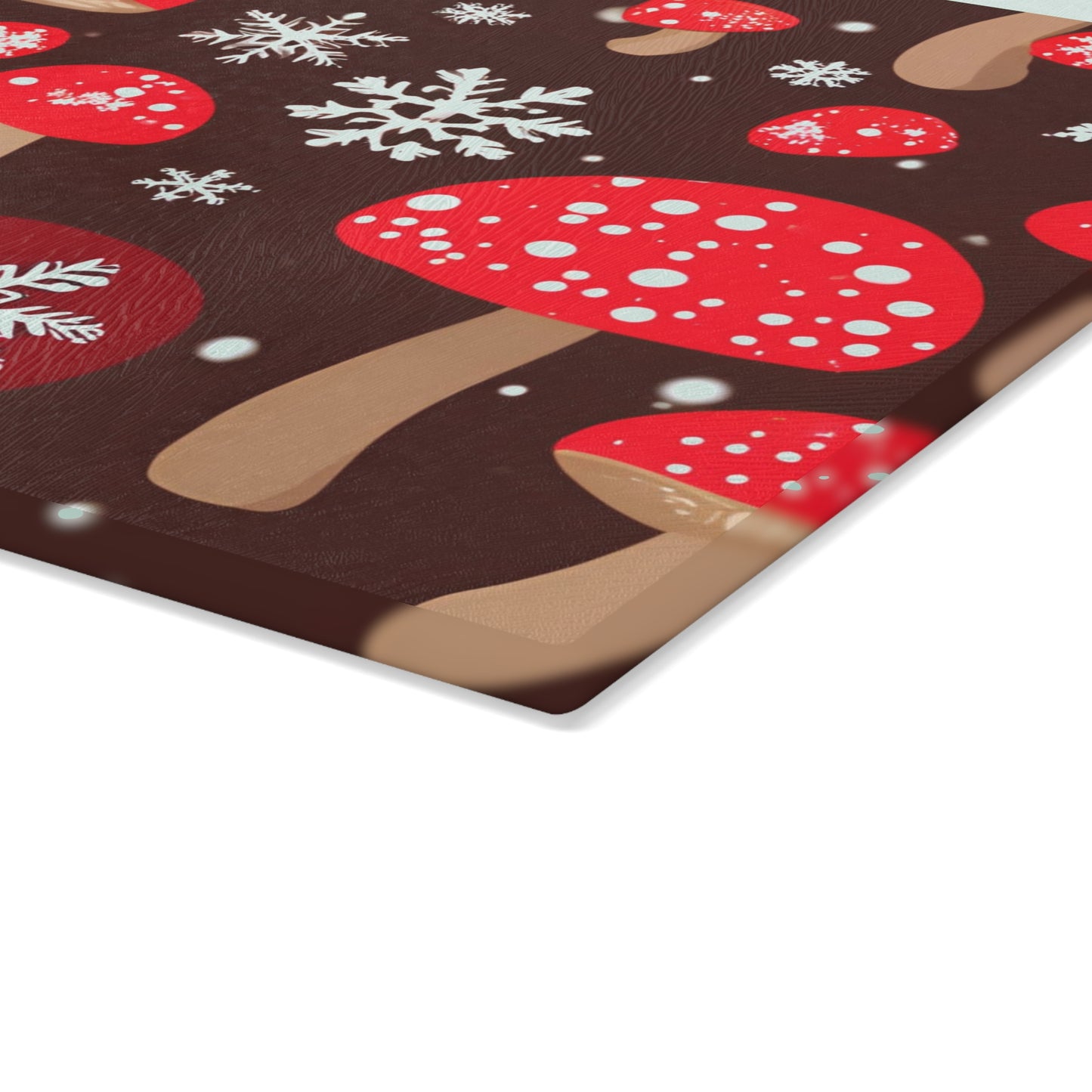 Festive Red Mushroom Christmas Glass Cutting Board – Brown Holiday Kitchen Decor With Snowflakes