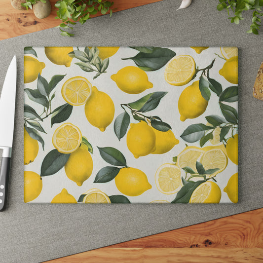 Toile Pattern Lemon Printe Glass Cutting Board Lemon Kitchen Decor Yellow Lemons Fruit Design Glass Board Kitchen Accessories Chef Gifte