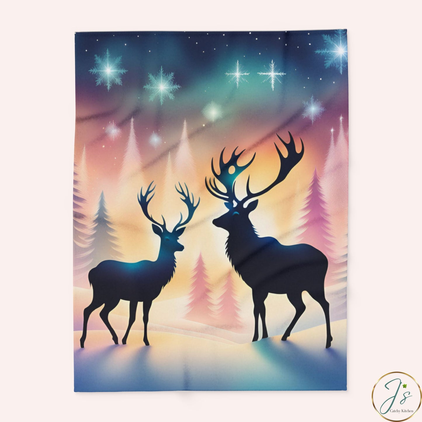 Winter Reindeer Arctic Fleece Blanket • Northern Lights Deer Silhouette • Cozy Christmas Throw Gift
