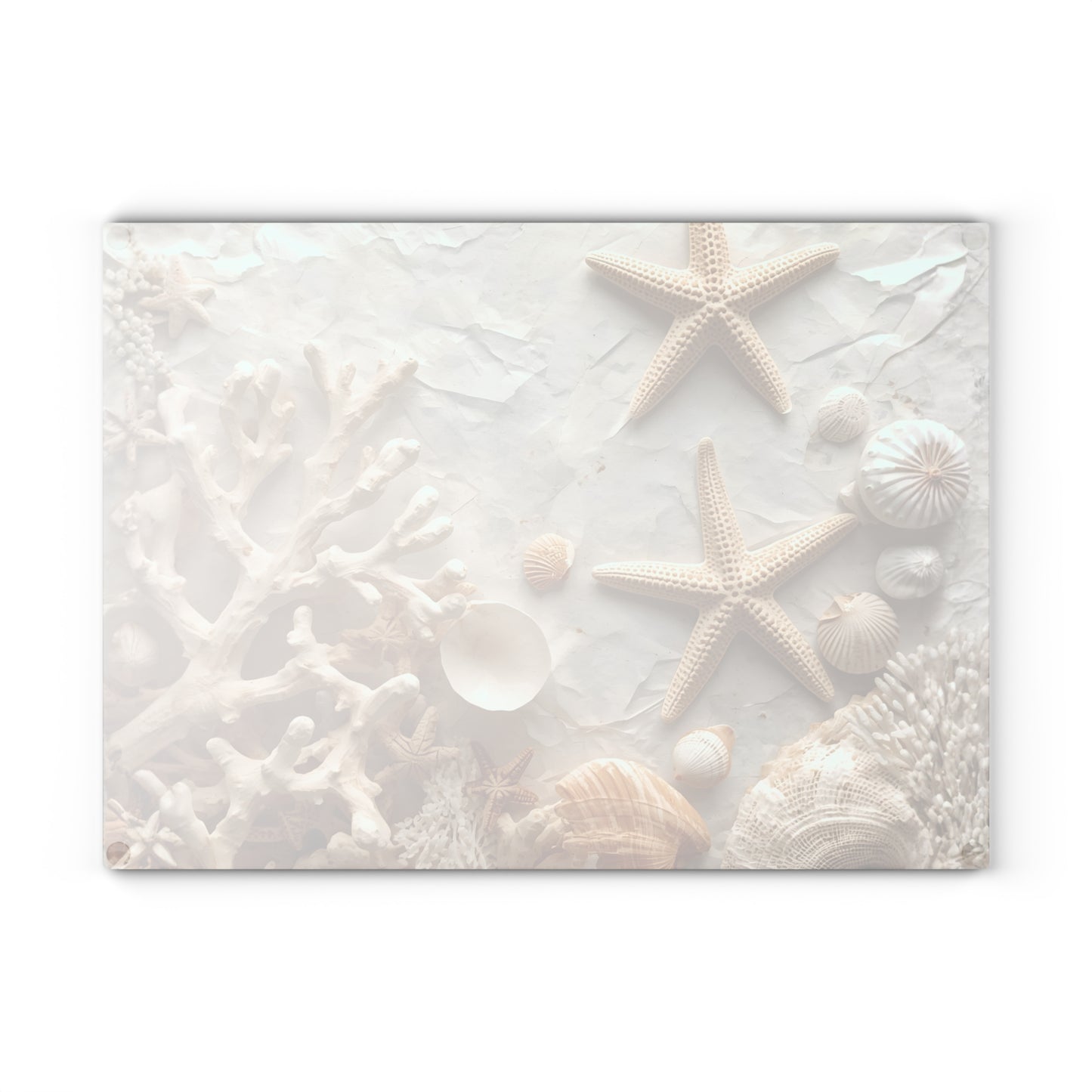 Coastal Seashell Glass Cutting Board Neutral Beach Kitchen Accent with Starfish for Countertop Decor and Serving