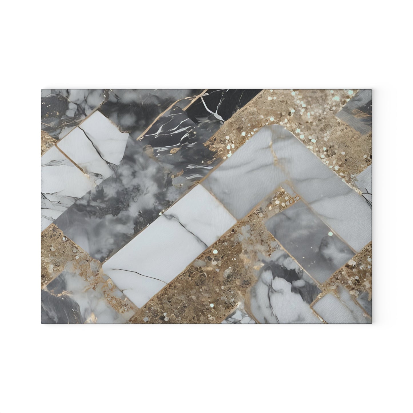 Luxury Marble & Gold Herringbone Glass Cutting Board – Modern Kitchen Decor & Gift