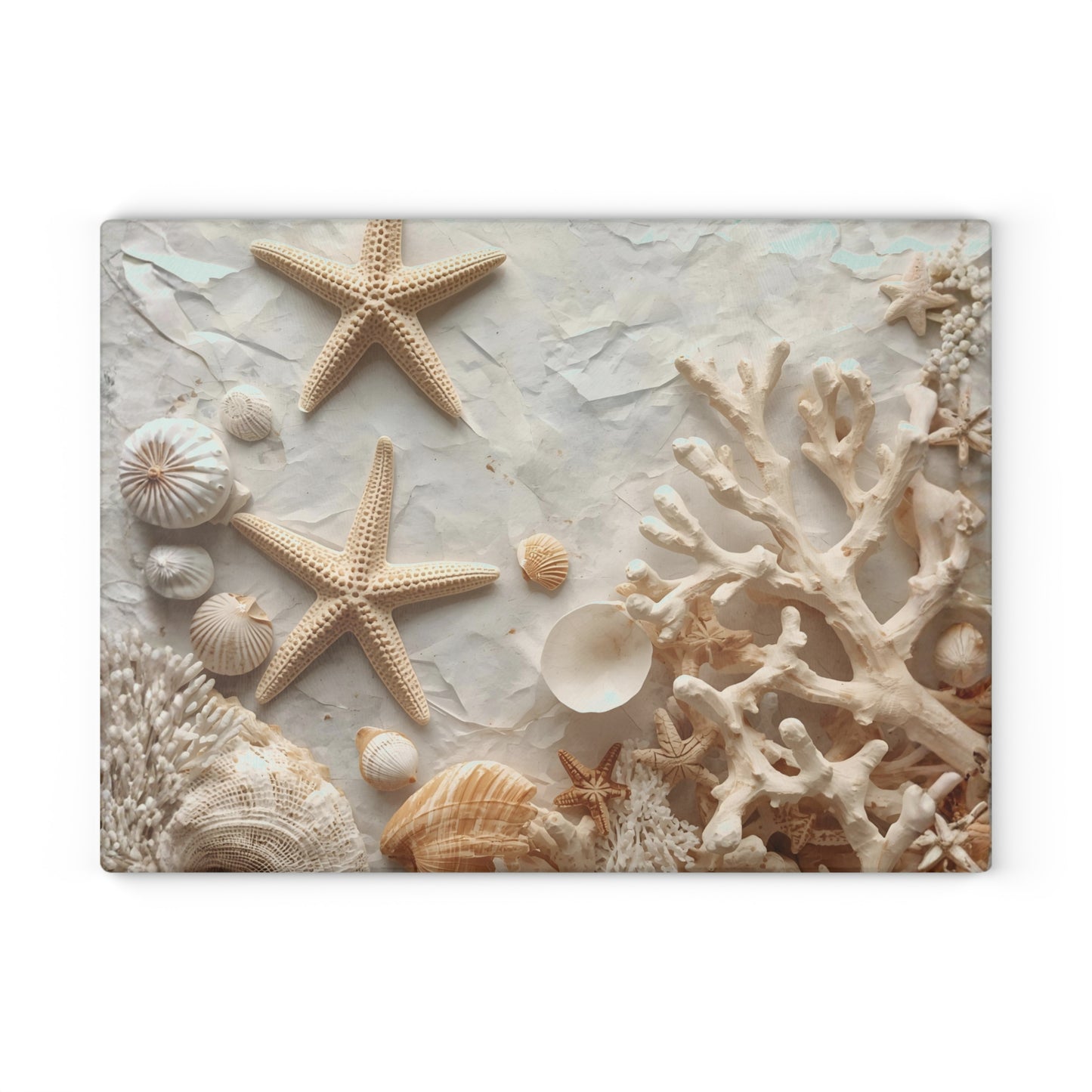 Coastal Seashell Glass Cutting Board Neutral Beach Kitchen Accent with Starfish for Countertop Decor and Serving