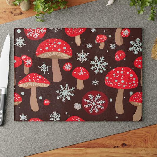 Festive Red Mushroom Christmas Glass Cutting Board – Brown Holiday Kitchen Decor With Snowflakes