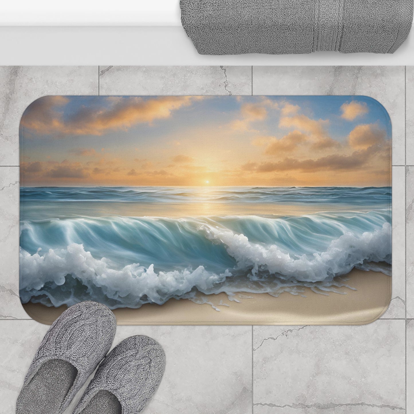 Beach Sunset Bath Mat – Coastal Ocean Wave Bathroom Decor | Coastal Bathroom Rug
