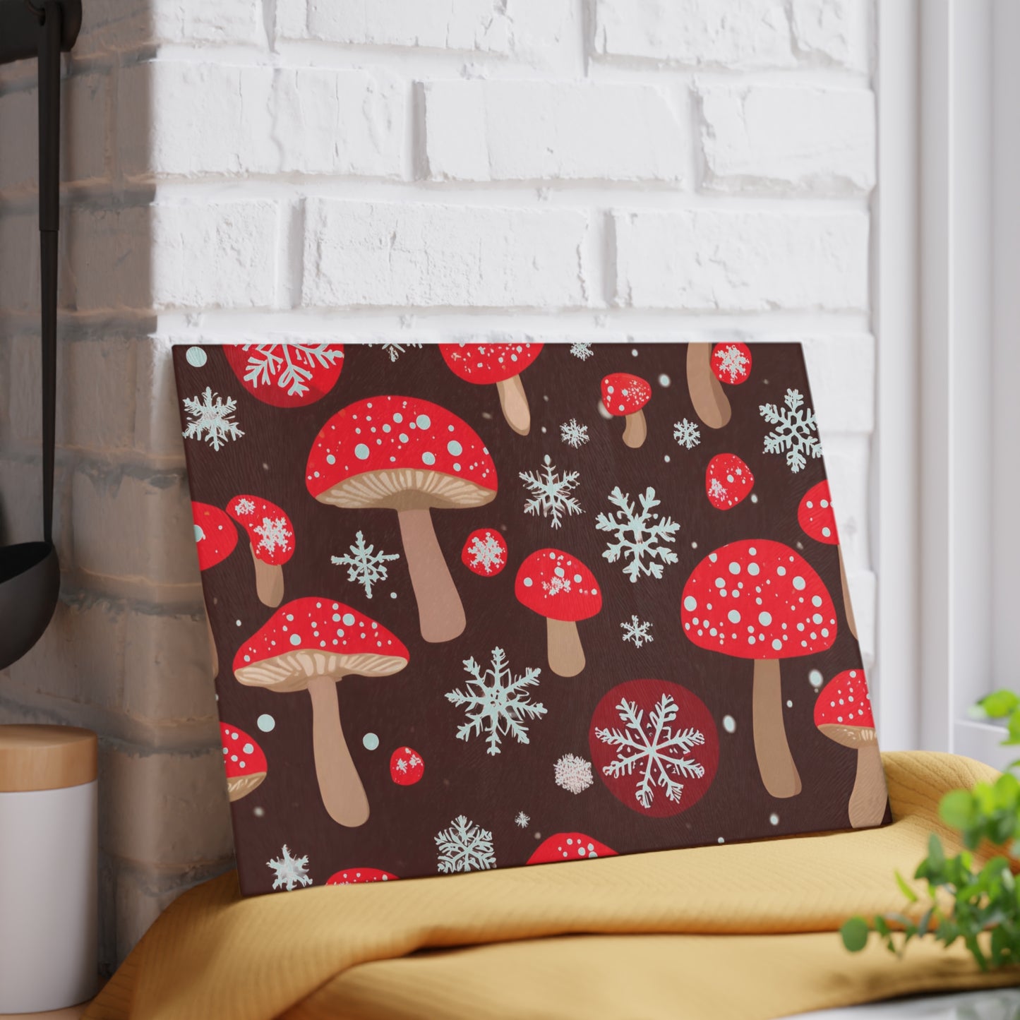 Festive Red Mushroom Christmas Glass Cutting Board – Brown Holiday Kitchen Decor With Snowflakes