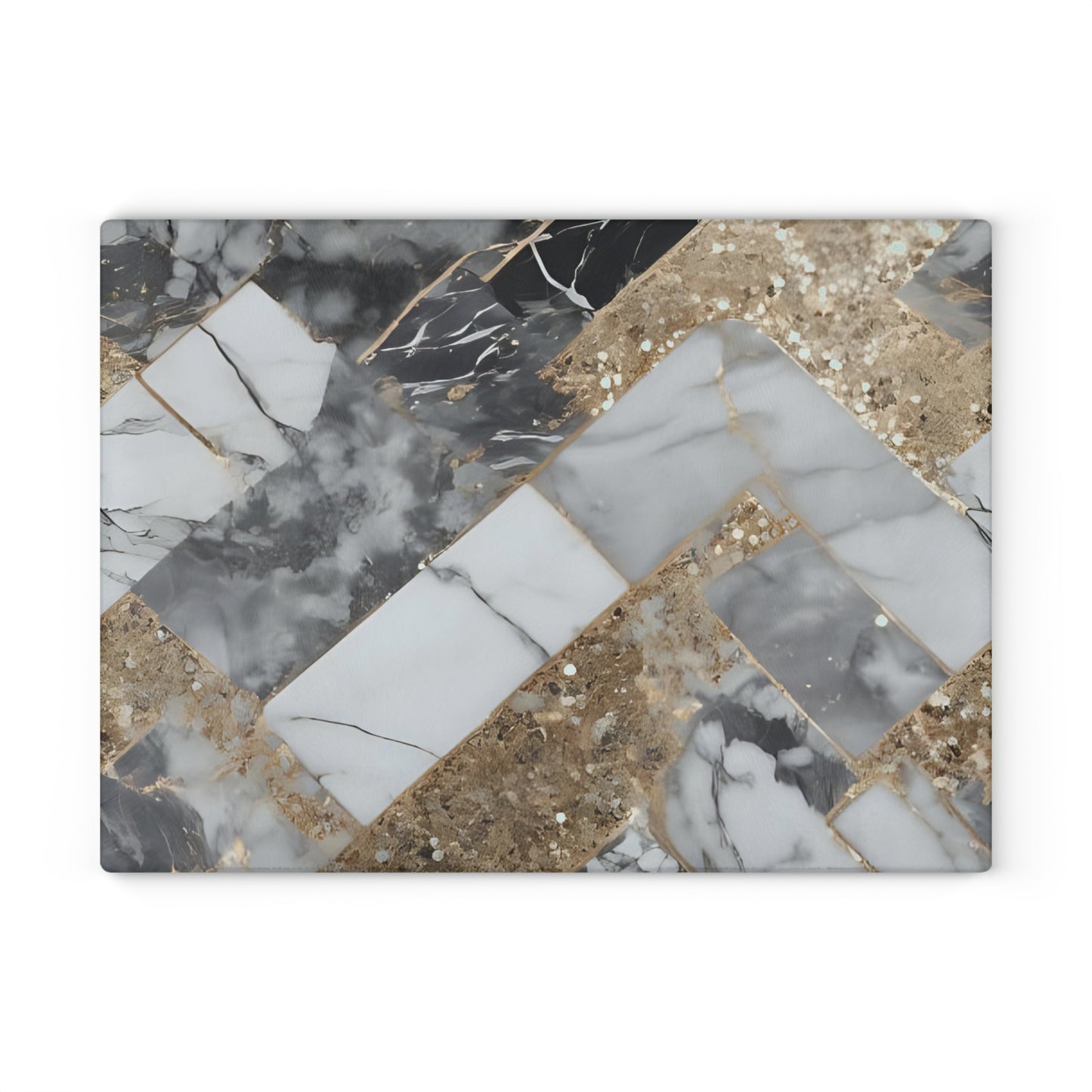 Luxury Marble & Gold Herringbone Glass Cutting Board – Modern Kitchen Decor & Gift