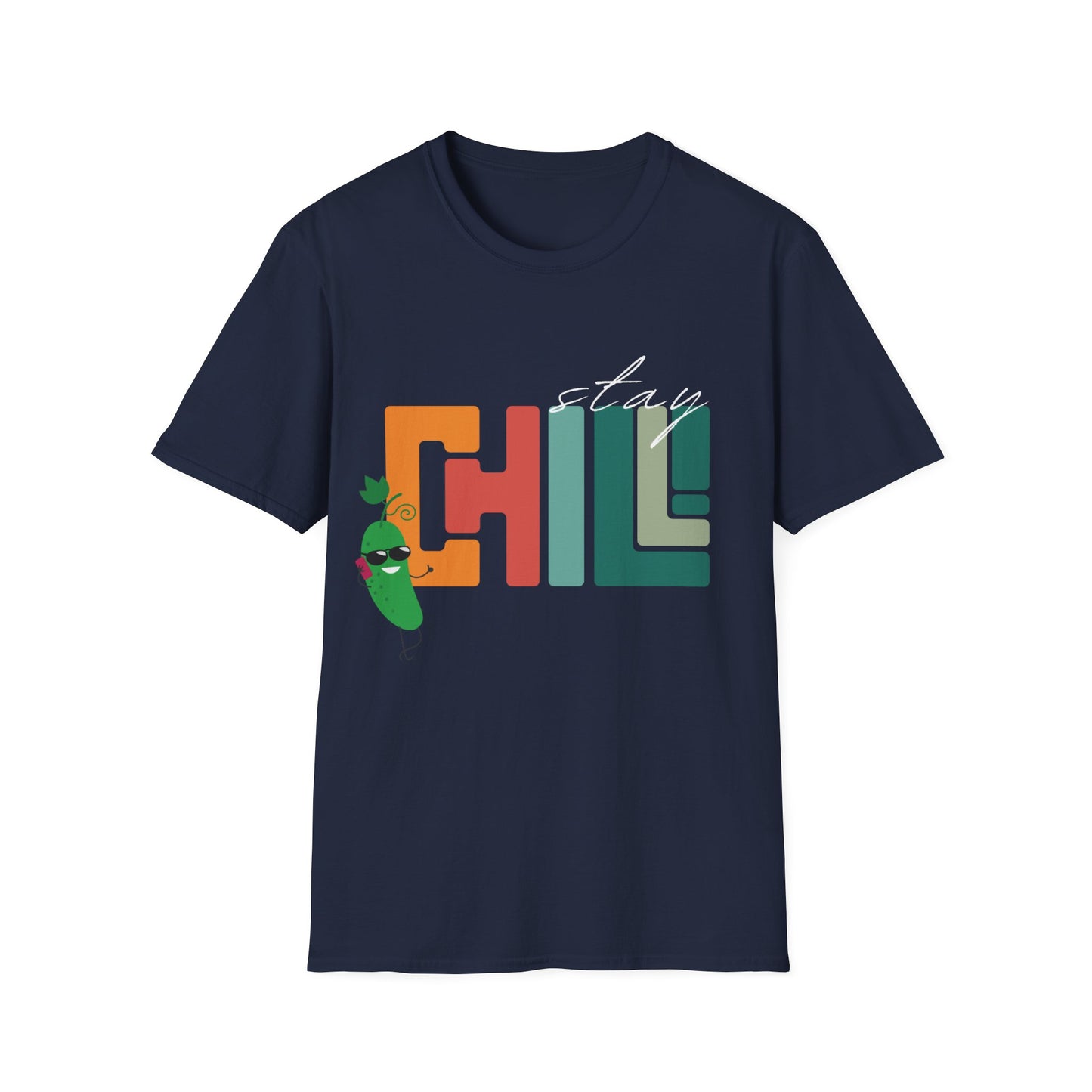 Cucumber t-shirt, stay chill shirt, graphic tee, quirky design, humor tee, laid-back style, casual fashion, men's shirt, women's shirt, comfortable fabric, machine washable, funny slogan, conversation starter, unique design.