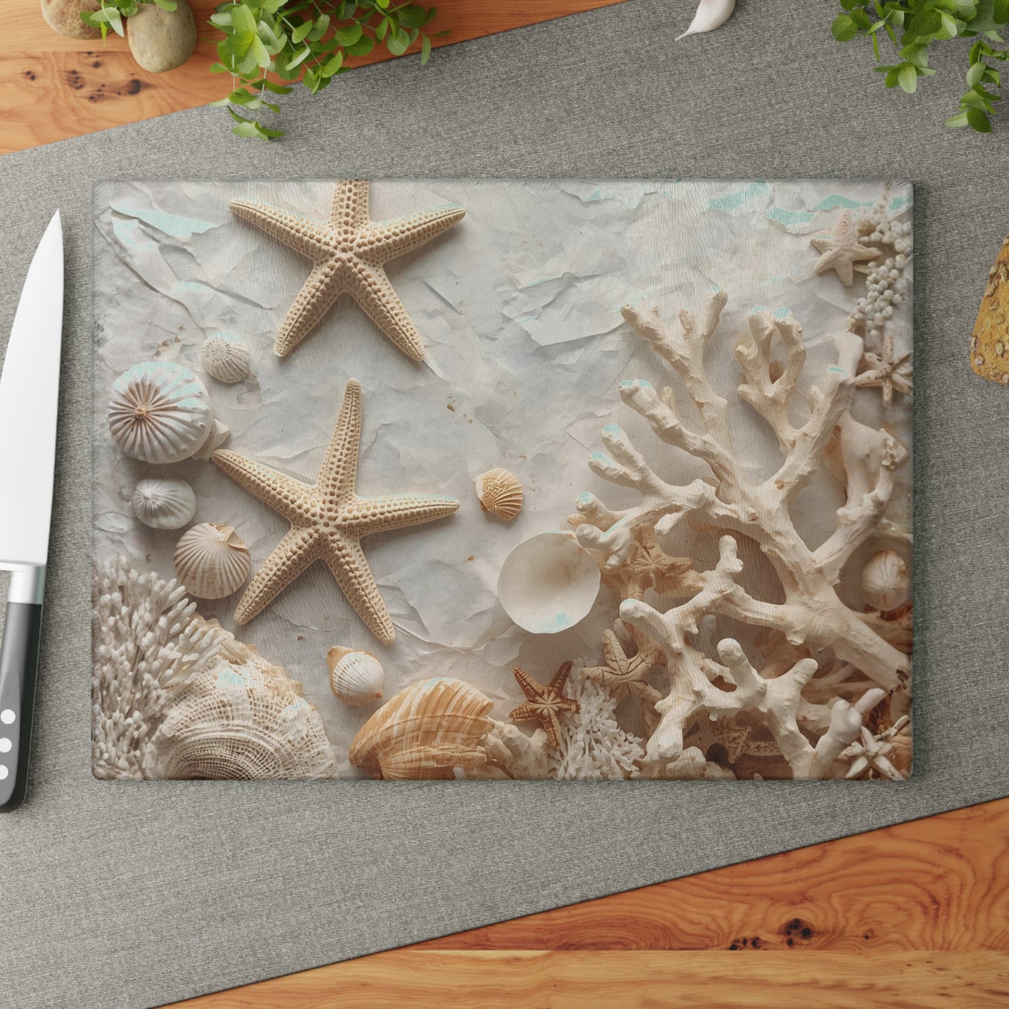 Coastal Seashell Glass Cutting Board Neutral Beach Kitchen Accent with Starfish for Countertop Decor and Serving