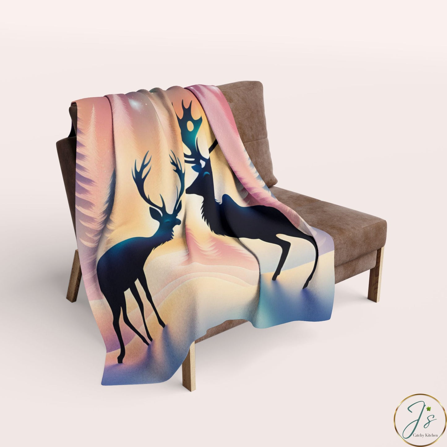 Winter Reindeer Arctic Fleece Blanket • Northern Lights Deer Silhouette • Cozy Christmas Throw Gift