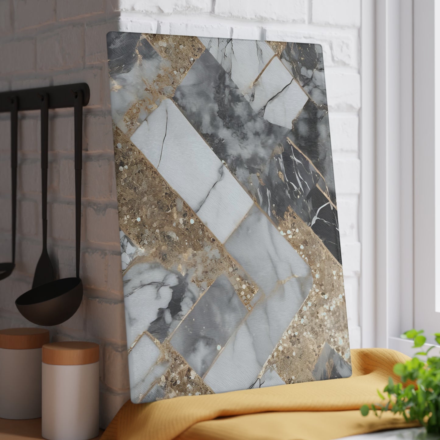 Luxury Marble & Gold Herringbone Glass Cutting Board – Modern Kitchen Decor & Gift