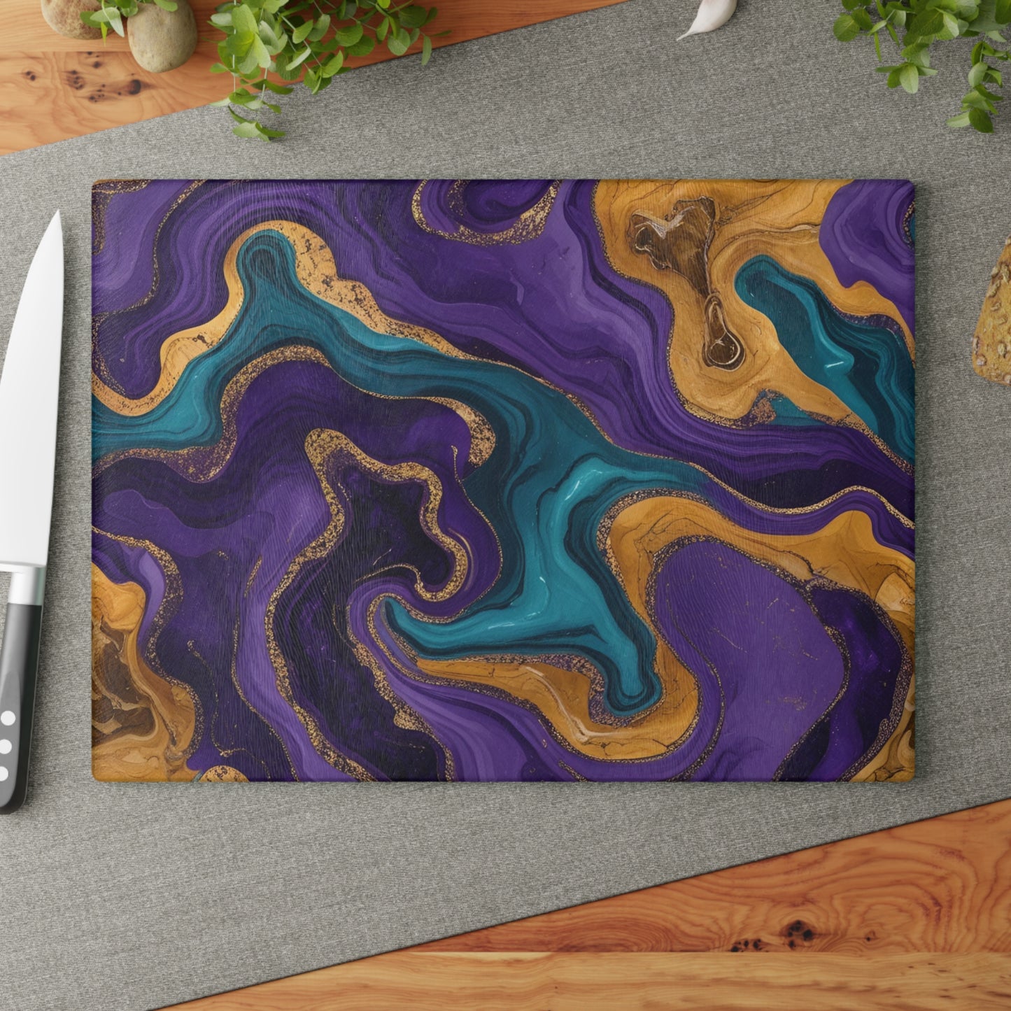 Purple Teal Gold Marble Glass Cutting Board Modern Abstract Kitchen Decor Gift