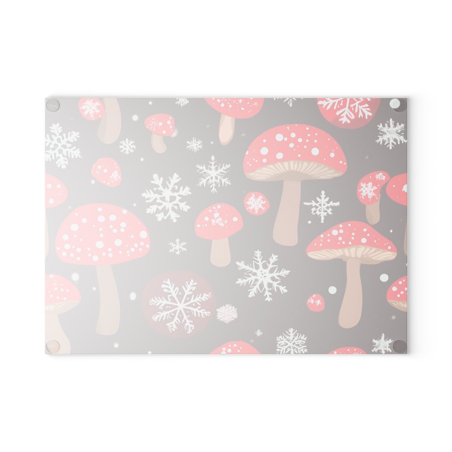 Festive Red Mushroom Christmas Glass Cutting Board – Brown Holiday Kitchen Decor With Snowflakes
