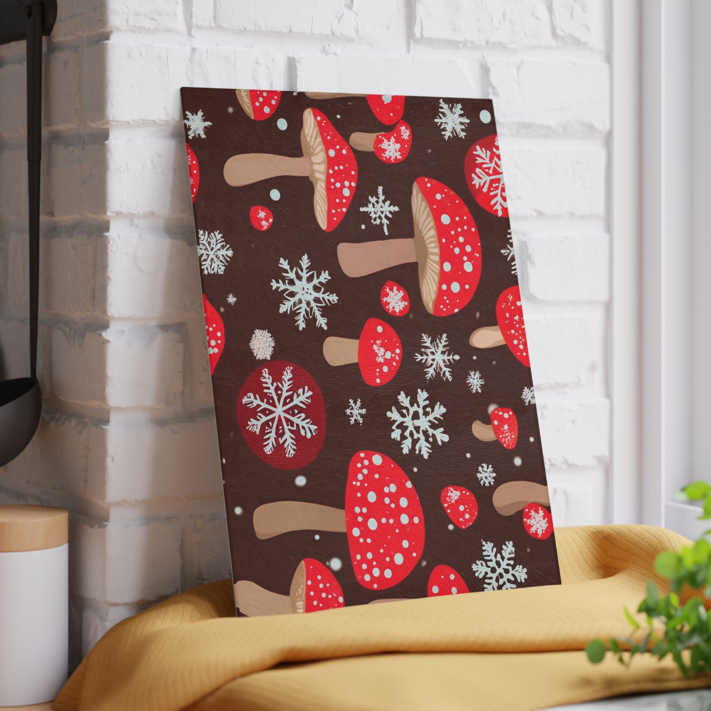 Festive Red Mushroom Christmas Glass Cutting Board – Brown Holiday Kitchen Decor With Snowflakes