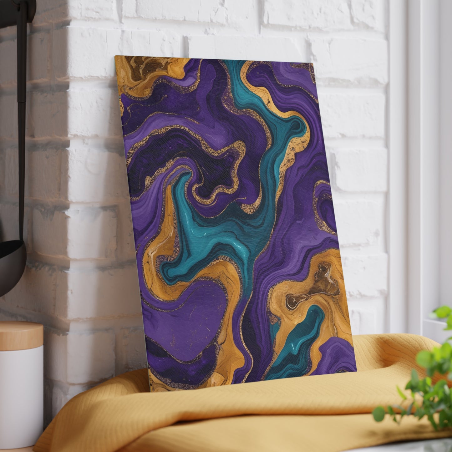 Purple Teal Gold Marble Glass Cutting Board Modern Abstract Kitchen Decor Gift