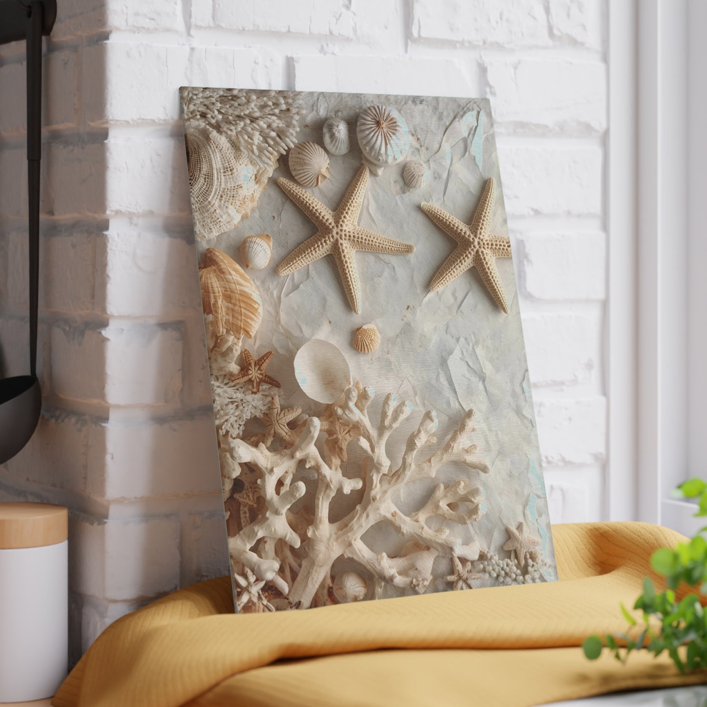 Coastal Seashell Glass Cutting Board Neutral Beach Kitchen Accent with Starfish for Countertop Decor and Serving