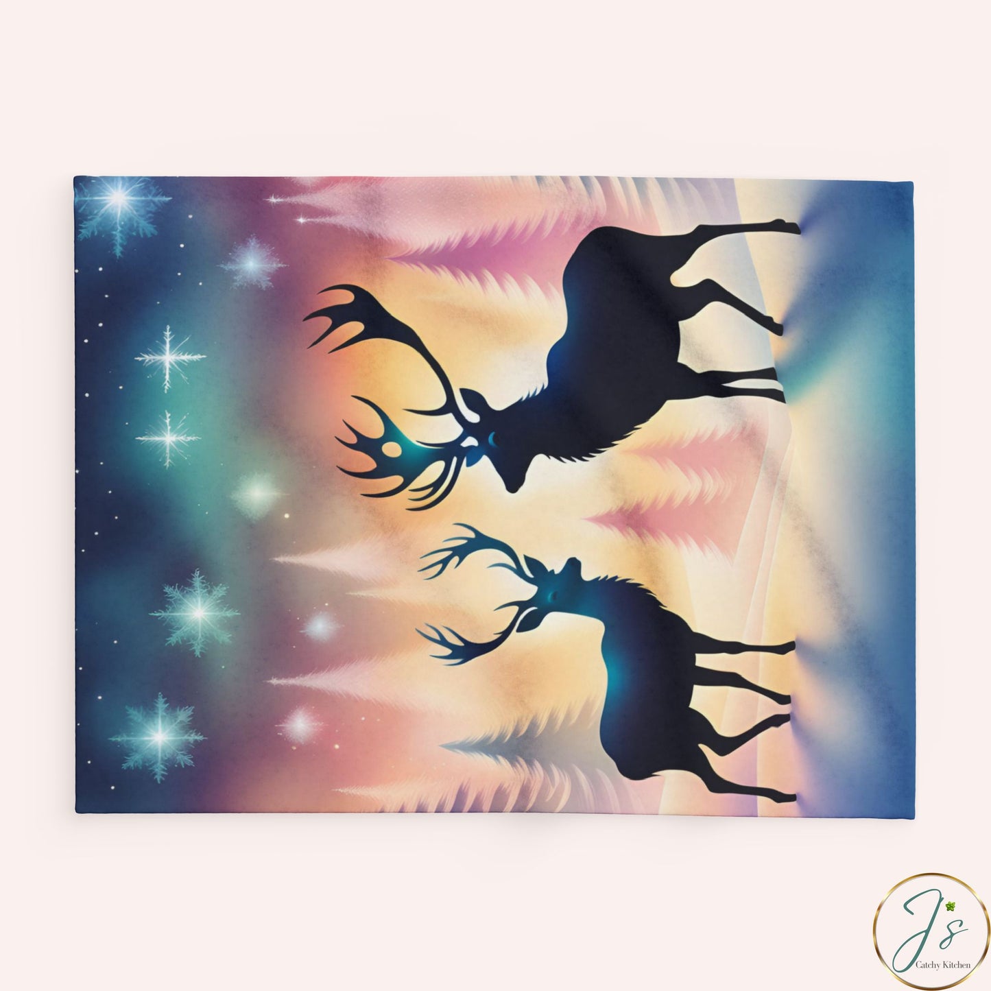 Winter Reindeer Arctic Fleece Blanket • Northern Lights Deer Silhouette • Cozy Christmas Throw Gift