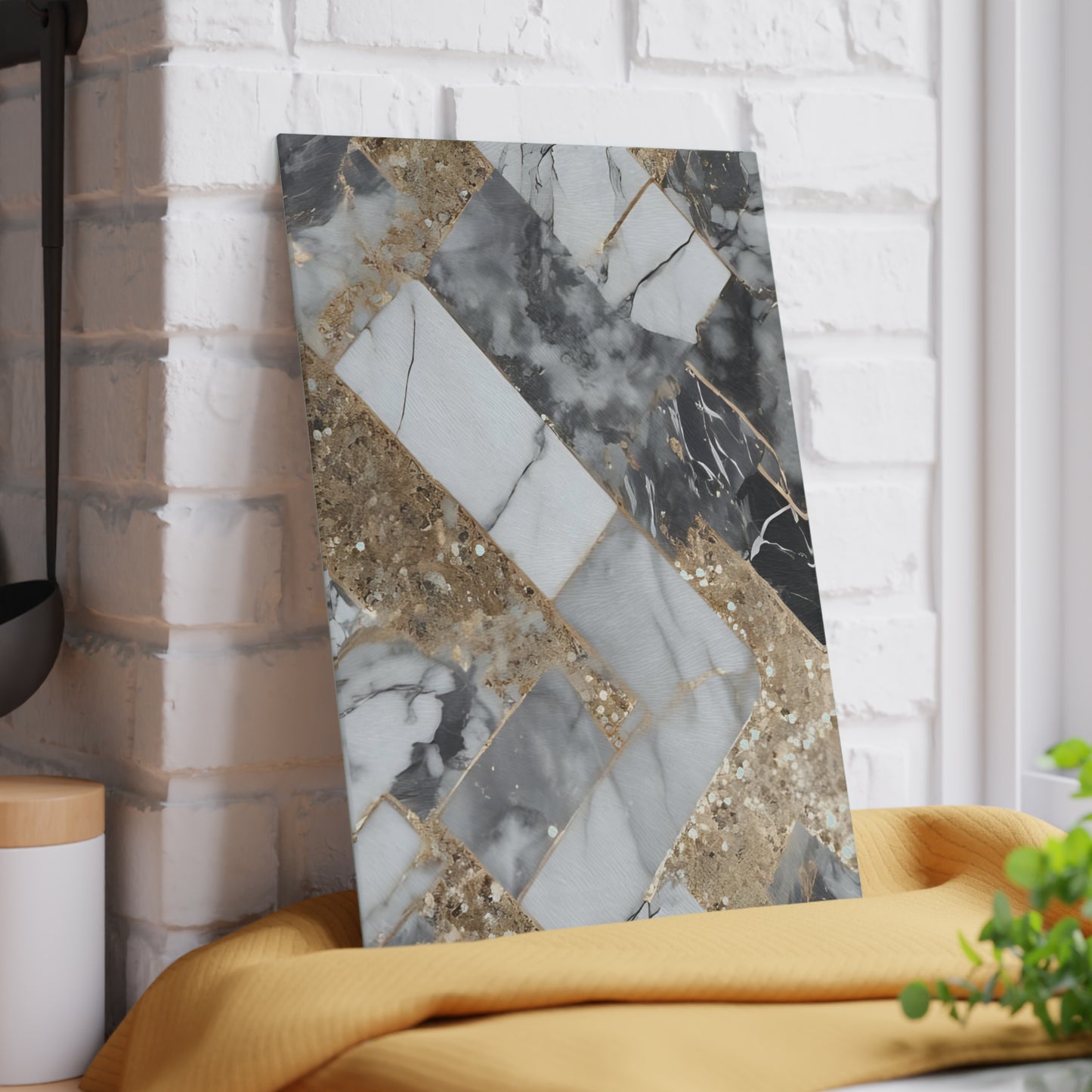 Luxury Marble & Gold Herringbone Glass Cutting Board – Modern Kitchen Decor & Gift