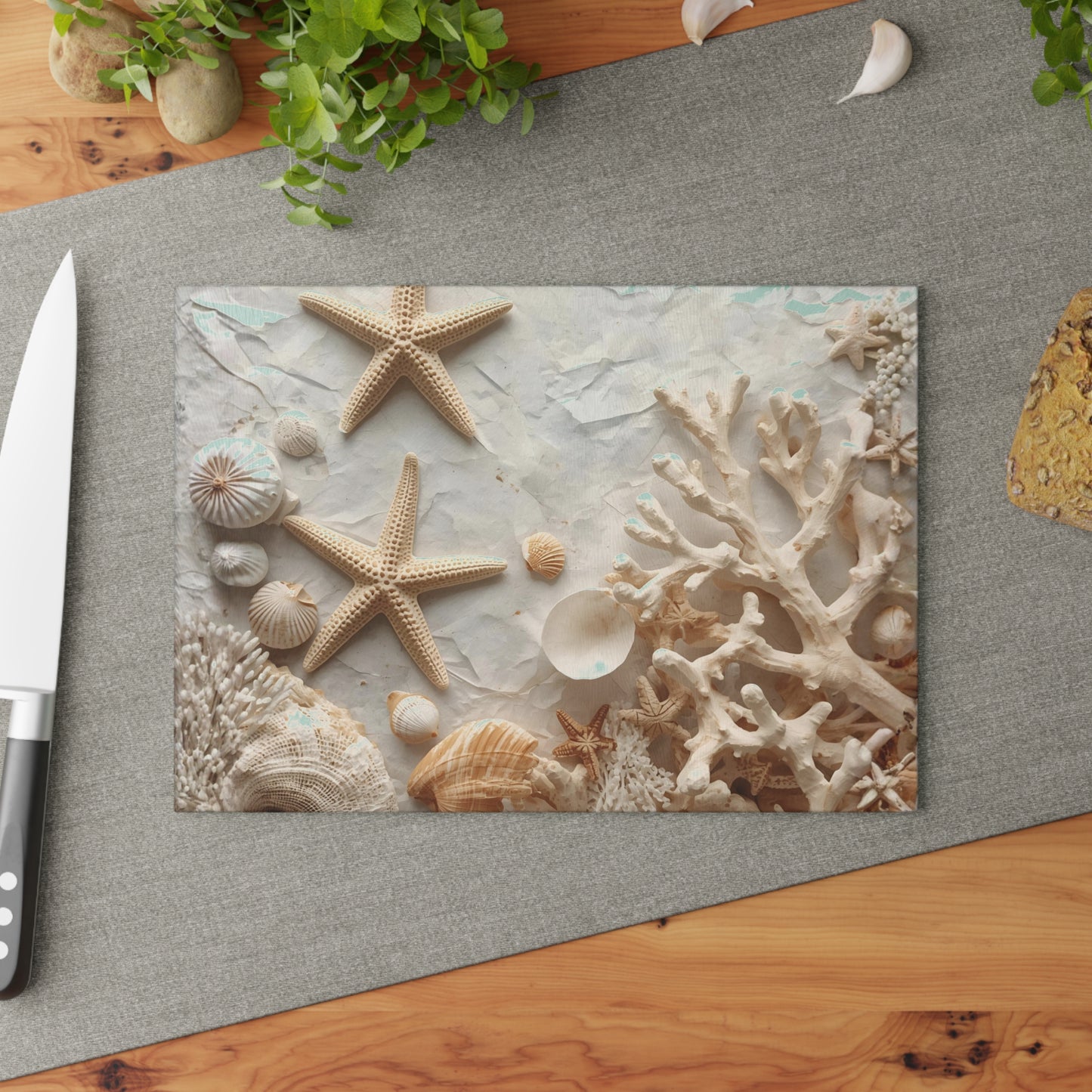 Coastal Seashell Glass Cutting Board Neutral Beach Kitchen Accent with Starfish for Countertop Decor and Serving
