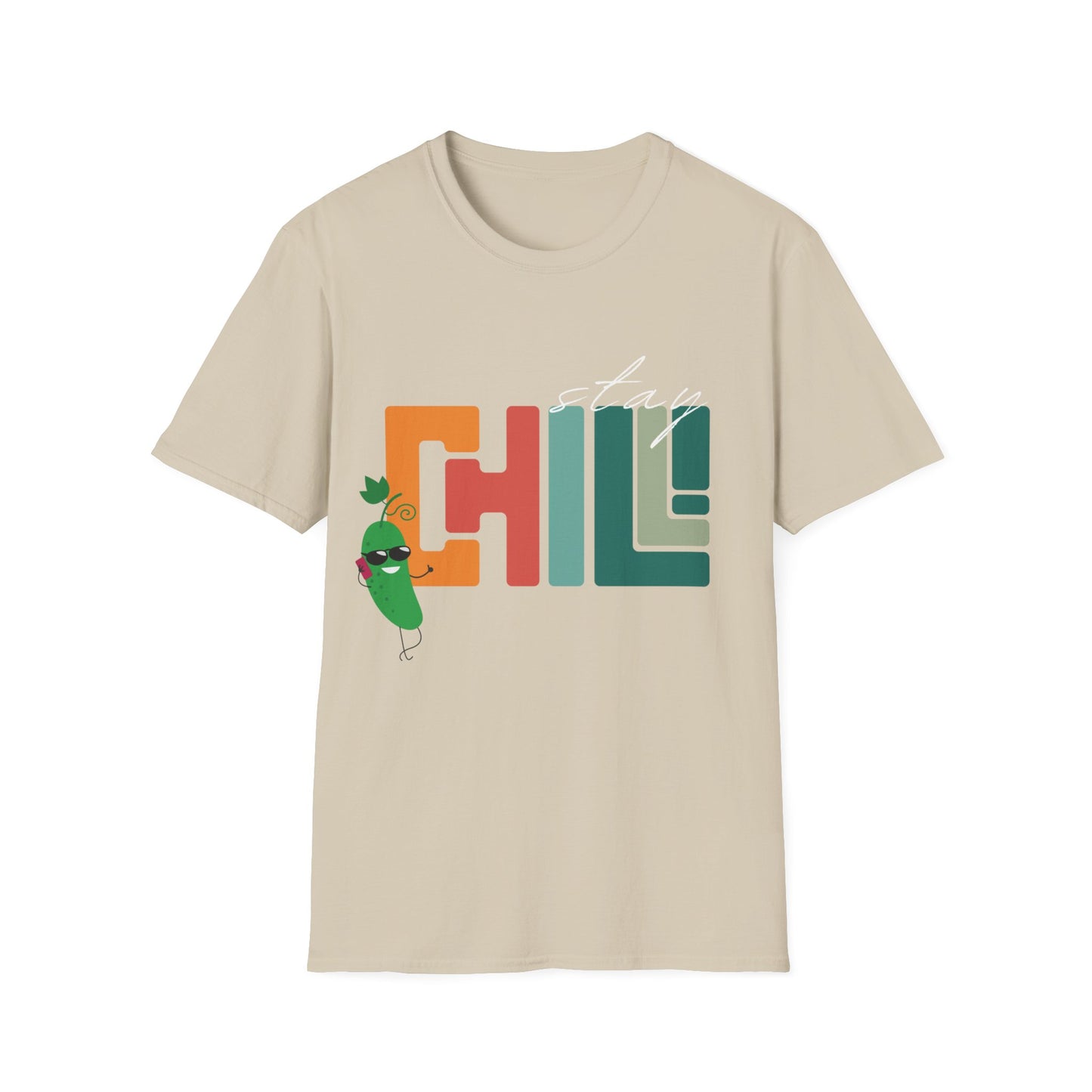 Cucumber t-shirt, stay chill shirt, graphic tee, quirky design, humor tee, laid-back style, casual fashion, men's shirt, women's shirt, comfortable fabric, machine washable, funny slogan, conversation starter, unique design.