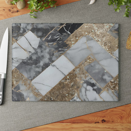 Luxury Marble & Gold Herringbone Glass Cutting Board – Modern Kitchen Decor & Gift
