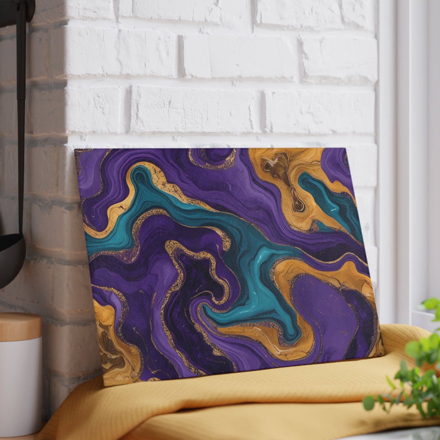 Purple Teal Gold Marble Glass Cutting Board Modern Abstract Kitchen Decor Gift