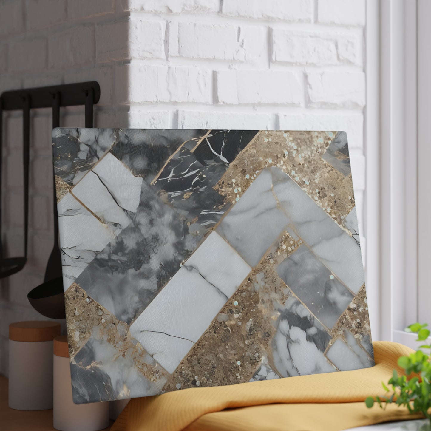 Luxury Marble & Gold Herringbone Glass Cutting Board – Modern Kitchen Decor & Gift