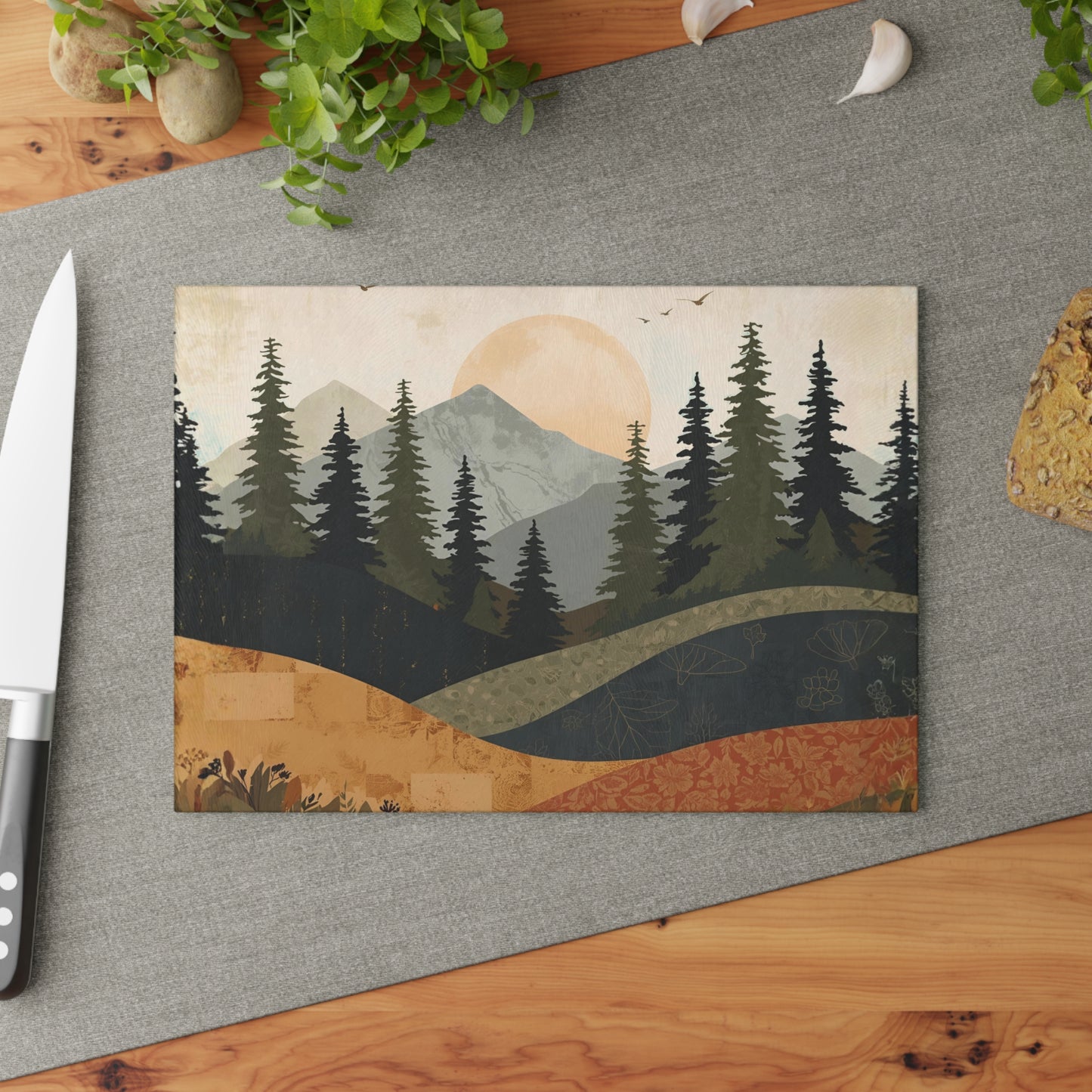 Cutting Board Rustic Mountain Landscape Glass Cutting Board Nature Inspired Kitchen Decor Cabin Cooking Gift