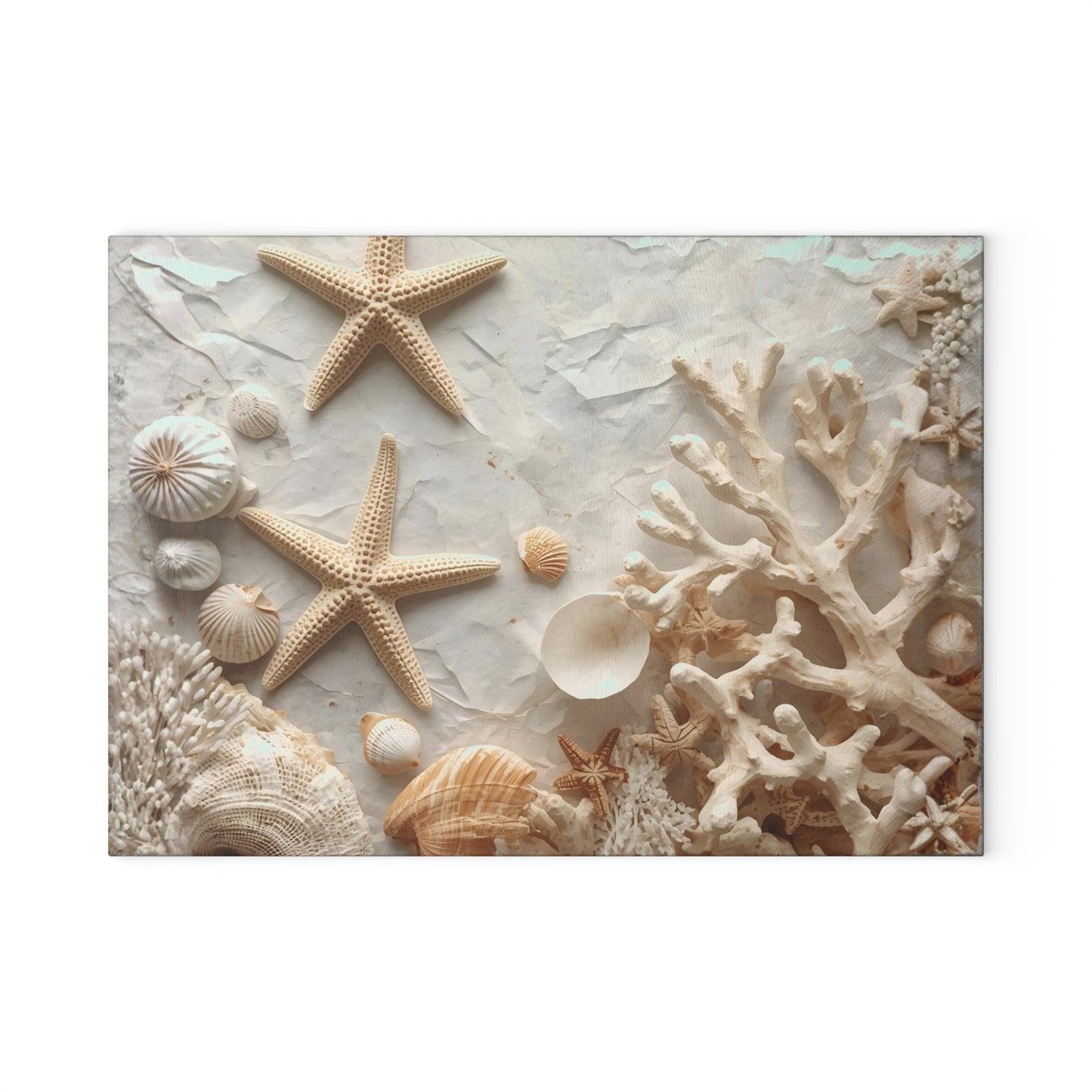 Coastal Seashell Glass Cutting Board Neutral Beach Kitchen Accent with Starfish for Countertop Decor and Serving