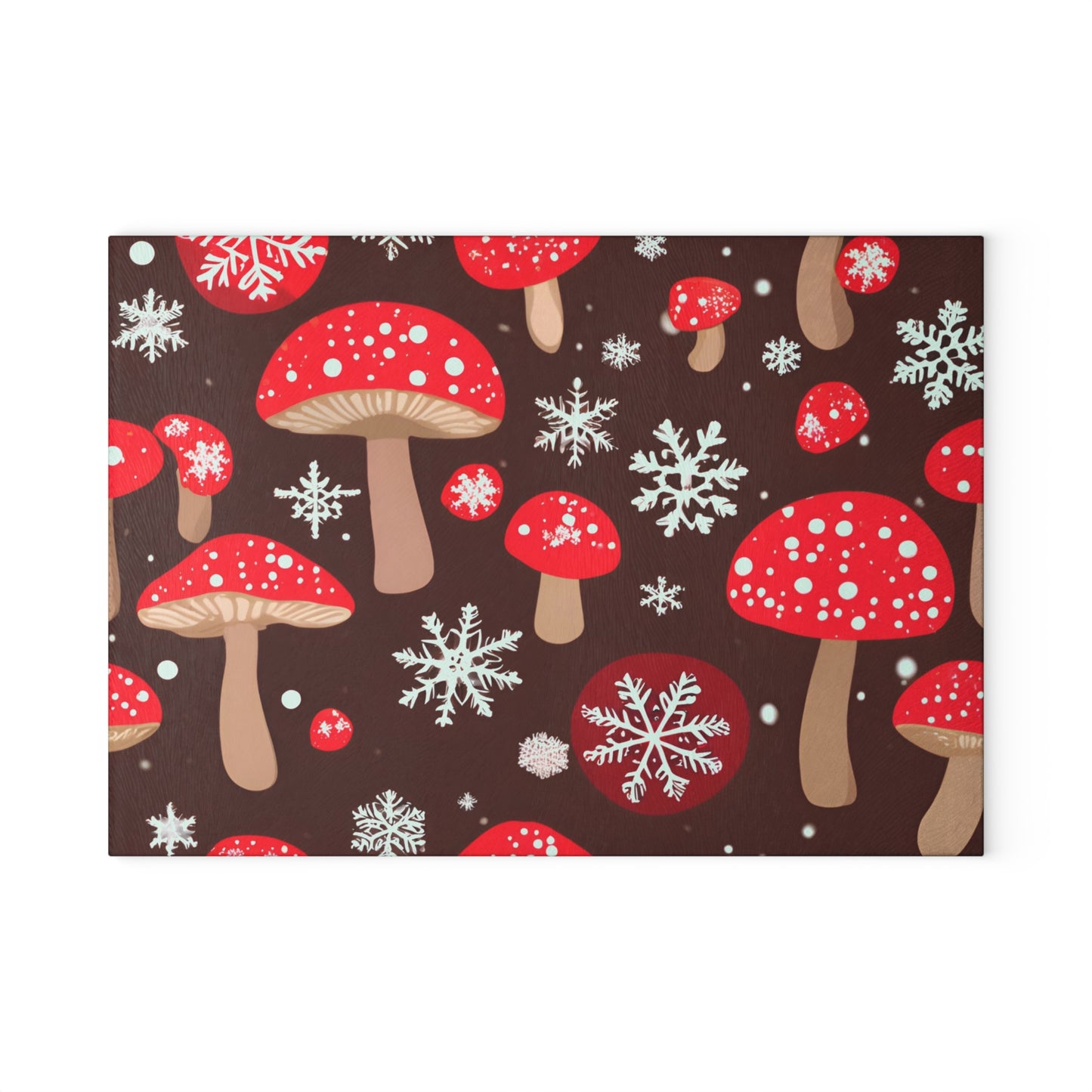 Festive Red Mushroom Christmas Glass Cutting Board – Brown Holiday Kitchen Decor With Snowflakes