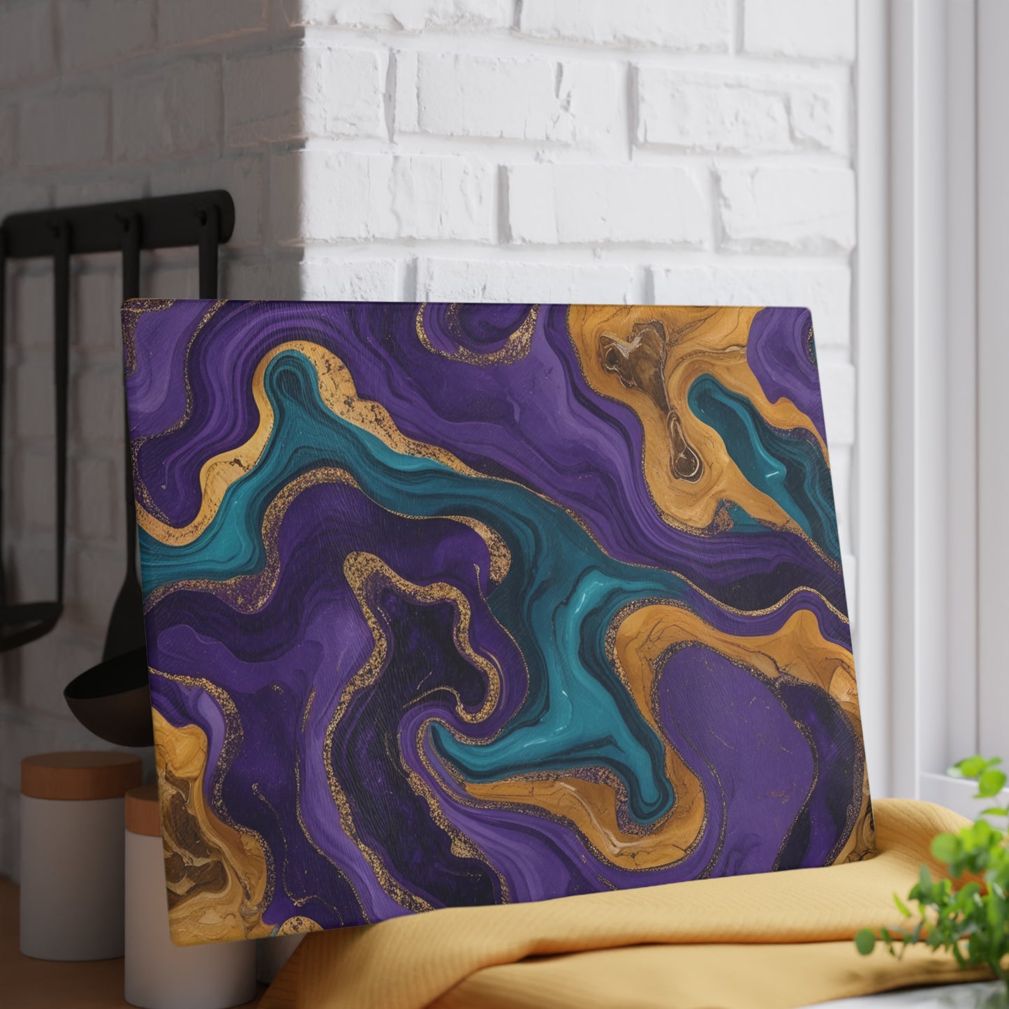 Purple Teal Gold Marble Glass Cutting Board Modern Abstract Kitchen Decor Gift