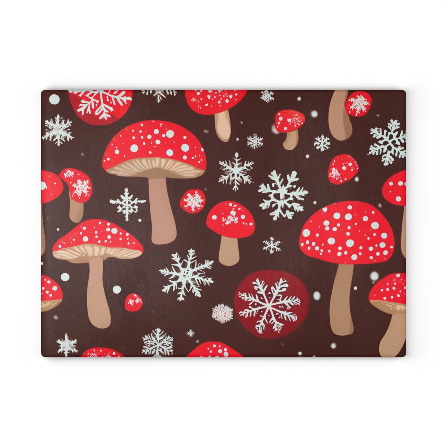 Festive Red Mushroom Christmas Glass Cutting Board – Brown Holiday Kitchen Decor With Snowflakes
